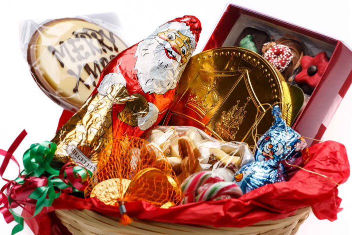 food photography of sweets in basket against white