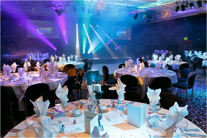 venue with party tables and lighting before the event